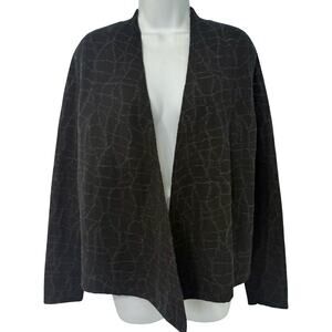 Eileen Fisher Black Gray Mosaic Print Wool Blend Open Front Cardigan Sz M Petite